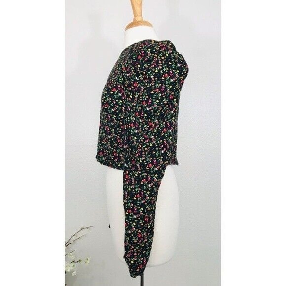 AFRM Top Garden Floral Blouse Puffed Drape Sleeve Black Viscose Zip, M - Picture 5 of 16